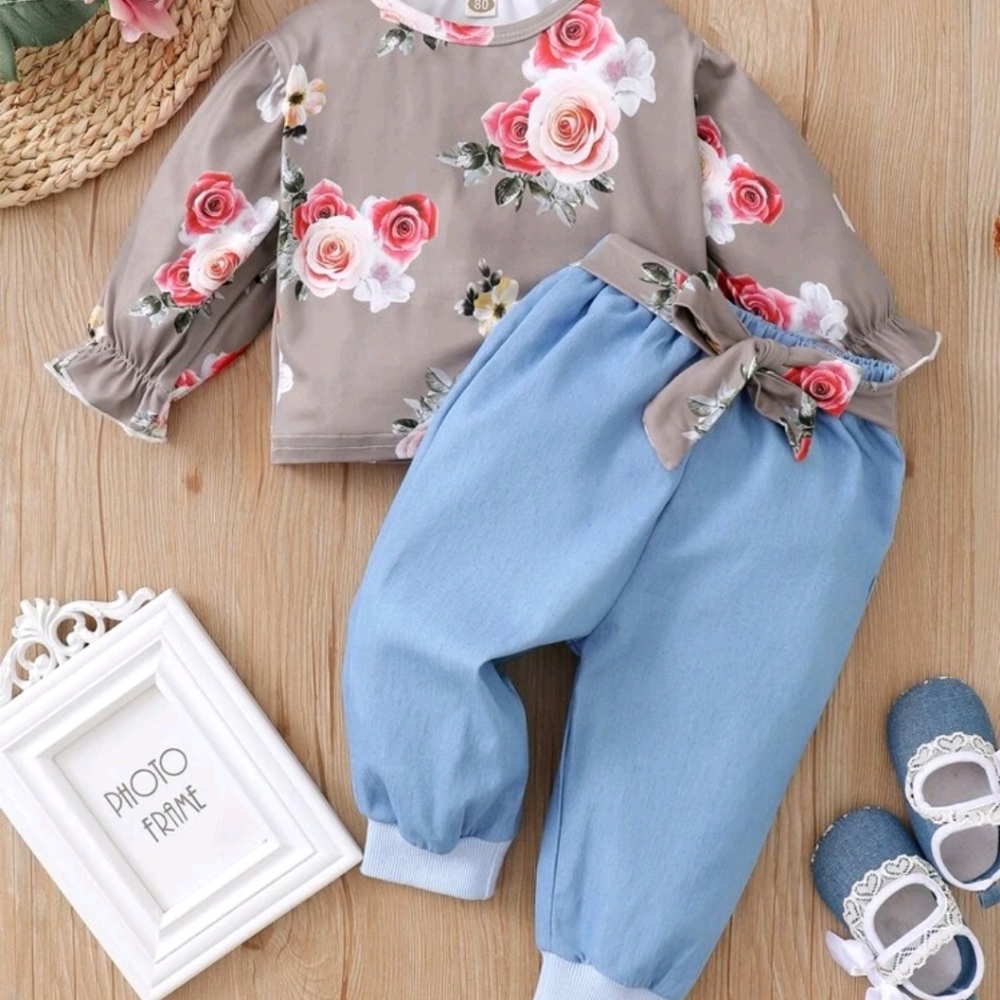 Baby Floral Print Flounce Sleeve Top & Belted Pants